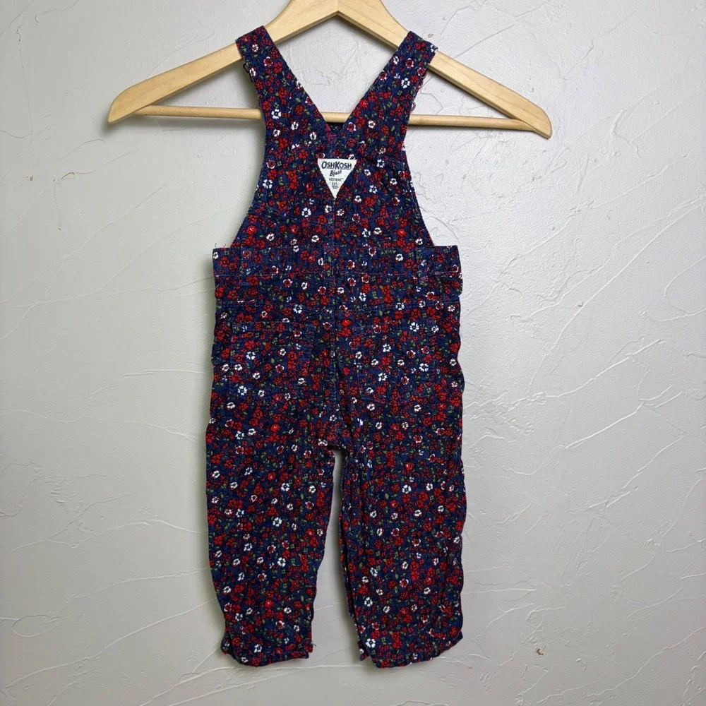 Y2K OshKosh B'gosh Floral Corduroy Overalls Baby Girl 18M Navy Flower Cottage